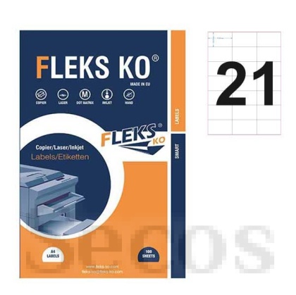 Етикети Fleks Ko Бели, прави ъгли, 70x42.3 mm A4, 100 л. 21 етик./лист