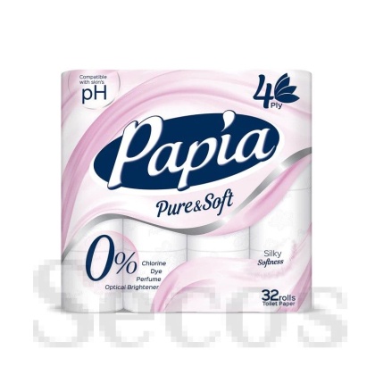 Тоалетна хартия Papia Pure Soft 100% целулоза, четирипластова 32 бр. Бяла