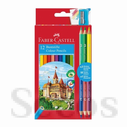 Цветни моливи Faber-Castell Castle Шестоъгълни, 12 + 6 цвята, подарък острилка