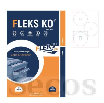 Етикети Fleks Ko Бели, за CD/DVD, Ф114x18 mm A4, 100 л. 3 етик./лист