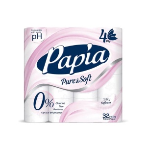 Тоалетна хартия Papia Pure Soft 100% целулоза, четирипластова 32 бр. Бяла